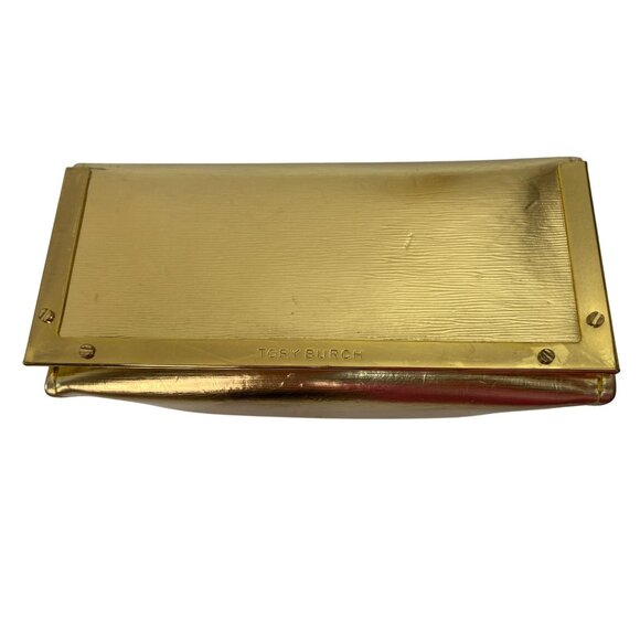 Tory Burch Gold Metallic Structured Clutch With Velvet Lining & Brass Details 2s - Picture 1 of 8